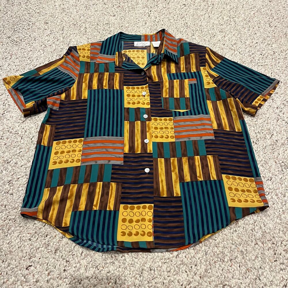 Kathy Che Vintage Geometric Patchwork Button Down Shirt 14 Cottagecore Casual
